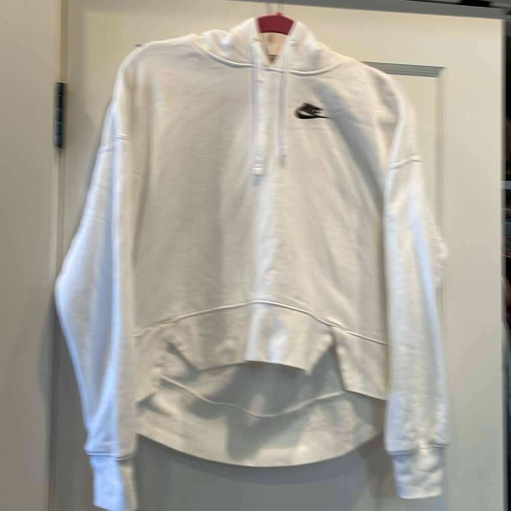 White Nike hoodie, size XS, pure white w/black Nike logo. cropped